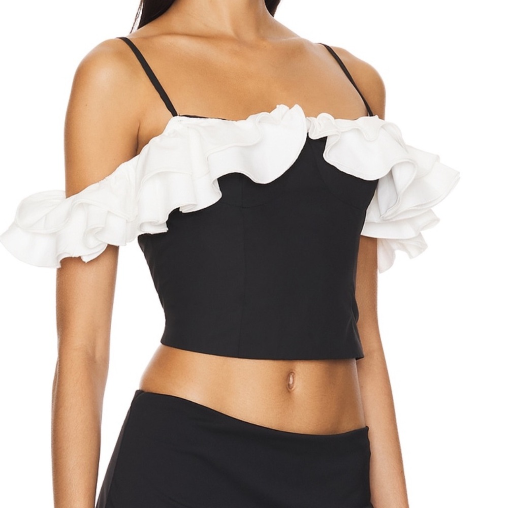 REVOLVE More To Come Ruffle Off Shoulder Top M – Black White Layered Crop NWT